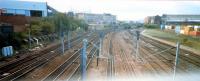 Larkfield Junction looking west. Left to right; line to Muirhouse South Junction, General Terminus line (Burma Road), lines to Glasgow Central, Larkfield Carriage sidings and (out of site) Gushetfaulds freightliner terminal.<br><br>[Ewan Crawford //1987]