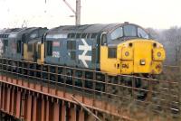 37 310 and 37 325 head north over the Calder (or Carfin) Viaduct.<br><br>[Ewan Crawford //1987]