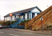 Wishaw (Central) building viewed from the west side. Looks more like something from the Callander and Oban line than from Lanarkshire.<br><br>[Ewan Crawford //1988]