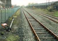 Looking west to Cambus Junction from the end of the platform of the closed station. Felled semaphore signalpost in foreground.<br><br>[Ewan Crawford //1988]