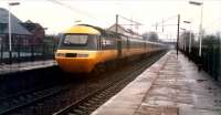 In a very heavy downpour a 125 diverted from the ECML heads north through Lockerbie. The Dumfries route once branched off to the left.<br><br>[Ewan Crawford //1988]