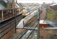 Southbound diverted 125 passing through Lockerbie. There was a locomotive shed to the right.<br><br>[Ewan Crawford //1988]