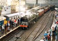 Steam engine just arrived at Carlisle by the Settle and Carlisle Line causing a lot of interest. North end of station.<br><br>[Ewan Crawford //1988]