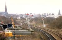 Looking south at Girvan Junction. The line in the distance to the right ran to the original Girvan terminus.<br><br>[Ewan Crawford 19/03/1988]