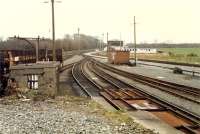 Looking east at the station throat, Stranraer Town. Line to harbour extreme left. Access by kind permission of British Rail.<br><br>[Ewan Crawford 19/03/1988]