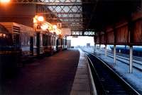 Looking to the buffers in the new trainshed at Stranraer Harbour.<br><br>[Ewan Crawford //1988]