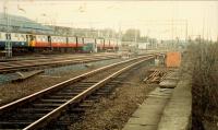 View of Shields Road depot, the dive-under line (foreground) and the lines to Paisley Canal and Paisley Gilmour Street. Access by kind permission of Kinning Park Coal Yard.<br><br>[Ewan Crawford //1988]
