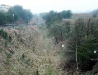 Looking to Crosshouse. The somewhat shoogly track has gone. But for some reason the buffer stop remains. The route is now a walkway.<br><br>[Ewan Crawford //2005]