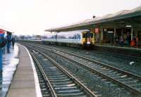 The shape of things to come; Sprinter on inaugural run. The platforms were awash with photographers. It came from the south and took the Troon line.<br><br>[Ewan Crawford //1988]