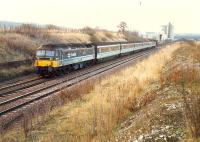 Diverted from the E&G line is this Edinburgh and Glasgow Railway 477 heading west at the site of Clyde Iron. After diversions that day the R&C was officially closed to passengers only to re-open with new stations a few years later.<br><br>[Ewan Crawford //1988]