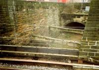 The Glasgow Central Railway passing under the Glasgow City and District Railway at Kelvinhaugh. This shows the mouth of St Vincent Crescent Tunnel.<br><br>[Ewan Crawford //1988]