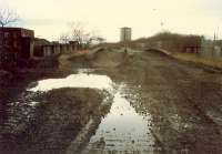 Partick West Junction looking west. This bridge has been removed and the emankment levelled despite plans for re-opening some of the line.<br><br>[Ewan Crawford //1988]