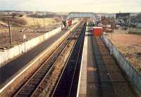 Cleland looking east. The line runs east to Edinburgh. To the left is the cutting for the line which ran north to Newhouse and Dewshill by Lanridge Junction.<br><br>[Ewan Crawford //1988]