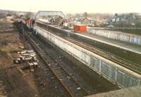 Cleland looking east. The line runs east to Edinburgh. To the was the line which ran north to Newhouse and Dewshill by Lanridge Junction. The remaining siding is a CE depot.<br><br>[Ewan Crawford //1988]