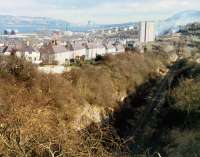 Looking east to Containerbase Junction from the eastern portal of the G&SW Inchgreen Branch Cartburn Tunnel. The line was altered at Containerbase Junction to connect to the Wemyss Bay line to serve the container base.<br><br>[Ewan Crawford //1988]