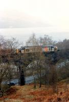 A southbound 37 crosses the Craignarden Viaduct with a timber train. Inversnaid Hotel on opposite side of Loch Lomond.<br><br>[Ewan Crawford //1990]