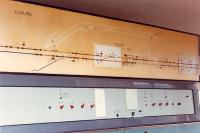 Bowling panel. The swingbridge route (the Lanarkshire and Dumbartonshire Railway) has been painted out. Interior of Bowling signalbox. Access by kind permission of British Rail.<br><br>[Ewan Crawford //1990]