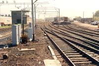 Dumbarton Central looking east at the maintenance sidings. The slow eastbound platform still existed (see points extreme left). A growing 37 is approaching ...<br><br>[Ewan Crawford 30/04/1990]