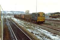 An 08 shunts in Millburn Yard. Viewed from Glasgow-Inverness train.<br><br>[Ewan Crawford //1989]