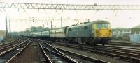 Arrival from the south at Carlisle. Will be taken forward to Glasgow by 47 as the WCML was closed.<br><br>[Ewan Crawford 26/11/1988]