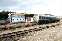 DMU arriving at Aviemore from Broomhill. The shattered remains of Aviemore Speyside are in the foreground and the box behind controls the mainline.<br><br>[Ewan Crawford //]