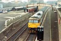 47 heading for Inverness. The Perth carriage sheds are on the left.<br><br>[Ewan Crawford //1988]