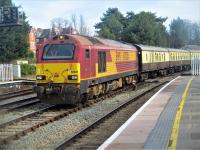 <h4><a href='/locations/H/Hereford'>Hereford</a></h4><p><small><a href='/companies/S/Shrewsbury_and_Hereford_Railway'>Shrewsbury and Hereford Railway</a></small></p><p>67002 propelling UK Railtours stock out of Hereford to crossover and return to platform 3 in readiness for the return journey to Stevenage on 26th February 2022. The train departed at 15.29 via a different route to the outward journey, heading north to Shrewsbury and then back through the West Midlands and Northampton. 40/41</p><p>26/02/2022<br><small><a href='/contributors/David_Bosher'>David Bosher</a></small></p>