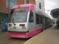 <h4><a href='/locations/W/Wolverhampton_St_Georges_Tram'>Wolverhampton St George's [Tram]</a></h4><p><small><a href='/companies/M/Midland_Metro'>Midland Metro</a></small></p><p>Midland Metro tram 09 at the northern terminus at Wolverhampton St. Georges, waiting to depart for Birmingham Snow Hill, the then southern terminus of the line, on 18th March 2014. 6/16</p><p>18/03/2014<br><small><a href='/contributors/David_Bosher'>David Bosher</a></small></p>
