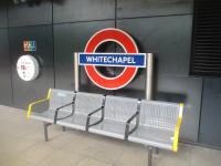 <h4><a href='/locations/W/Whitechapel_Metro'>Whitechapel [Metro]</a></h4><p><small><a href='/companies/W/Whitechapel_Line_Metropolitan_Railway_and_Metropolitan_District_Railway_Joint'>Whitechapel Line (Metropolitan Railway and Metropolitan District Railway Joint)</a></small></p><p>Modern style example of the London Underground roundel on the westbound platform at Whitechapel, District and Hammersmith & City Lines, on 23rd September 2022. This part of the station originally comprised two island platforms but on rebuilding the two centre tracks were abolished and the platforms extended to form one large new island. 107/138</p><p>23/09/2022<br><small><a href='/contributors/David_Bosher'>David Bosher</a></small></p>
