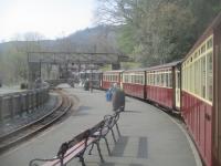 <h4><a href='/locations/T/Tan-y-Bwlch'>Tan-y-Bwlch</a></h4><p><small><a href='/companies/F/Festiniog_Railway'>Festiniog Railway</a></small></p><p>UK Railtours' charter from Blaenau Ffestiniog to Caernarfon, during a brief stop at Tan-y-Bwlch on 6th April 2019. The original Ffestiniog Railway had a policy of trains at loop stations using the right hand track and this continues today, with the Welsh Highland Railway also using this practice. I first visited here as a boy on a family holiday in north Wales in August 1965 when it was the temporary terminus for trains from Portmadoc (as it was then called). The line from Penrhyn reopened to Tan-y-Bwlch in 1958 and this remained the terminus until the extension to Dduallt in 1968.  Blaenau Ffestiniog was finally reached in 1982, fulfilling the dream to reopen the line in full which had started in 1954 with the reinstatement of just the short section across The Cob from Portmadoc Harbour to Boston Lodge. 11/14</p><p>06/04/2019<br><small><a href='/contributors/David_Bosher'>David Bosher</a></small></p>