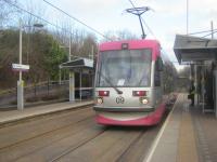 <h4><a href='/locations/P/Priestfield'>Priestfield</a></h4><p><small><a href='/companies/O/Oxford,_Worcester_and_Wolverhampton_Railway'>Oxford, Worcester and Wolverhampton Railway</a></small></p><p>Now withdrawn Midland Metro tram no.09 to Wolverhampton St. George's at Priestfield, on 18th March 2014. This tram stop is just north of the former heavy rail station of that name, which is where the Oxford, Worcester and Wolverhampton line met the GWR main line from Birmingham Snow Hill and which had platforms on both sets of lines.   The Oxford line used to continue straightahead with the Birmingham line curving sharply to the left and the curve can be discerned in the background in this scene. 7/16</p><p>18/03/2014<br><small><a href='/contributors/David_Bosher'>David Bosher</a></small></p>