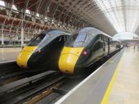 <h4><a href='/locations/P/Paddington'>Paddington</a></h4><p><small><a href='/companies/G/Great_Western_Railway'>Great Western Railway</a></small></p><p>Two class 800s at Paddington on 13th April 2019. On the right is 800307 waiting to depart with the 13.22 service to Great Malvern and which a friend and I travelled on to Slough (its first stop) where we changed for the branch service to Windsor & Eton Central. 1/5</p><p>13/04/2019<br><small><a href='/contributors/David_Bosher'>David Bosher</a></small></p>