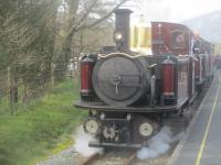 <h4><a href='/locations/R/Rhyd_Ddu'>Rhyd Ddu</a></h4><p><small><a href='/companies/N/North_Wales_Narrow_Gauge_Railway'>North Wales Narrow Gauge Railway</a></small></p><p>A timetabled Welsh Highland Railway train from Caernarfon to Porthmadog arriving at Rhyd-Ddu on 6th April 2019. The locomotive is a 1999 replica of former 0-4-4T single 'Fairlie', built for the Festiniog Railway in 1876 and named 'Taliesin'. It was withdrawn from service around 1932 so it was well over 60 years before this replica was built, bearing the name of its predecessor. 10/10</p><p>06/04/2019<br><small><a href='/contributors/David_Bosher'>David Bosher</a></small></p>
