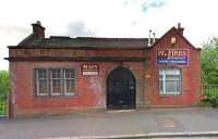 View north across Kemp Street, Hamilton, in March 2006 showing the old booking office and south side entrance to Hamilton Central station. The building is currently in use as commercial premises, although the <I>Caledonian Railway</I> bas relief lettering is still present above the entrance. [See image 57460]<br><br>[John Furnevel 17/03/2006]