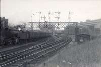 Under the Muirhouse/Strathbungo Junctions gantry (last week 05/08/1952 of lower quadrant arms). 2.6.4T 42128 on inner circle train.<br><br>[G H Robin collection by courtesy of the Mitchell Library, Glasgow 05/08/1952]