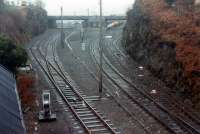 Looking to the station and pier at Kyle of Lochalsh from beside the signalbox.<br><br>[Ewan Crawford 03/01/1989]