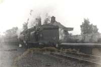 Lesmahagow. CR 0.4.4T 55182 piloting standard 2.6.4T 80022 on Coalburn - Hamilton train. [Railscot note: Blemish on print.]<br><br>[G H Robin collection by courtesy of the Mitchell Library, Glasgow 25/06/1953]