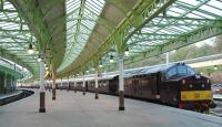 A train worthy of this grand station. The 'Royal Scotsman' overnighting at Wemyss Bay in May 2006. The locomotives are 37214 and 47854.<br><br>[Ewan Crawford 08/05/2006]