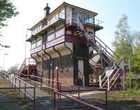 The imposing signal box at Haltwhistle on 10 May 2006 - photographed from the footpath leading up to the station from the South Tyne walkway. <br><br>[John Furnevel 10/05/2006]