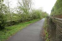 A mile west along the Tyne from Hexham station is the site of Border Counties Junction. Here the Carlisle line continues west while the trackbed of the former Border Counties line begins to turn north towards the river (left) which it crossed en route to Riccarton [see image 9347]. The south supporting wall of the signal box that straddled the line can be seen built into the cutting in the right background.<br><br>[John Furnevel 07/05/2006]