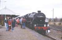 Black five 44871<I> Sovereign</I> is not short of admirers on its arrival at Aviemore from Inverness. November 1993.<br><br>[John Gray /11/1993]