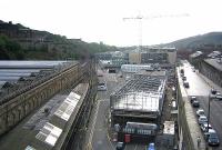 Grab shot from a bus on the North Bridge on 4 June 2006, looking over the Waverley Valley developments. In the foreground work is underway on the IECC extension to the Edinburgh signalling centre. The new Edinburgh Council HQ takes shape in the background. [See image 25168]<br><br>[F Furnevel 04/06/2006]