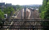 Airdrie looking east in June 2006. L to R the abandoned through platform and SB, then the through line to the current terminus at Drumgelloch, then the bay platform, then the emu stabling siding (3 former sidings have given way to a car park).<br><br>[John Furnevel 11/06/2006]