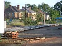 Track panel for points being assembled at Cambus - at right angles to the railway alignment. A second panel is being prepared just off to the right. View looks south.<br><br>[Ewan Crawford 01/07/2006]