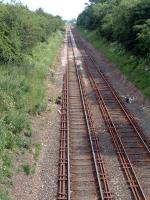 Unusual track fastenings looking south at Kirkby Thore in July 2006.<br><br>[Ewan Crawford 03/07/2006]