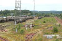 Perth New Yard in July 2006, now used mainly for wagon storage. The yard control tower still stands in the left background and the old turntable can be seen in the centre.<br><br>[John Furnevel 03/07/2006]